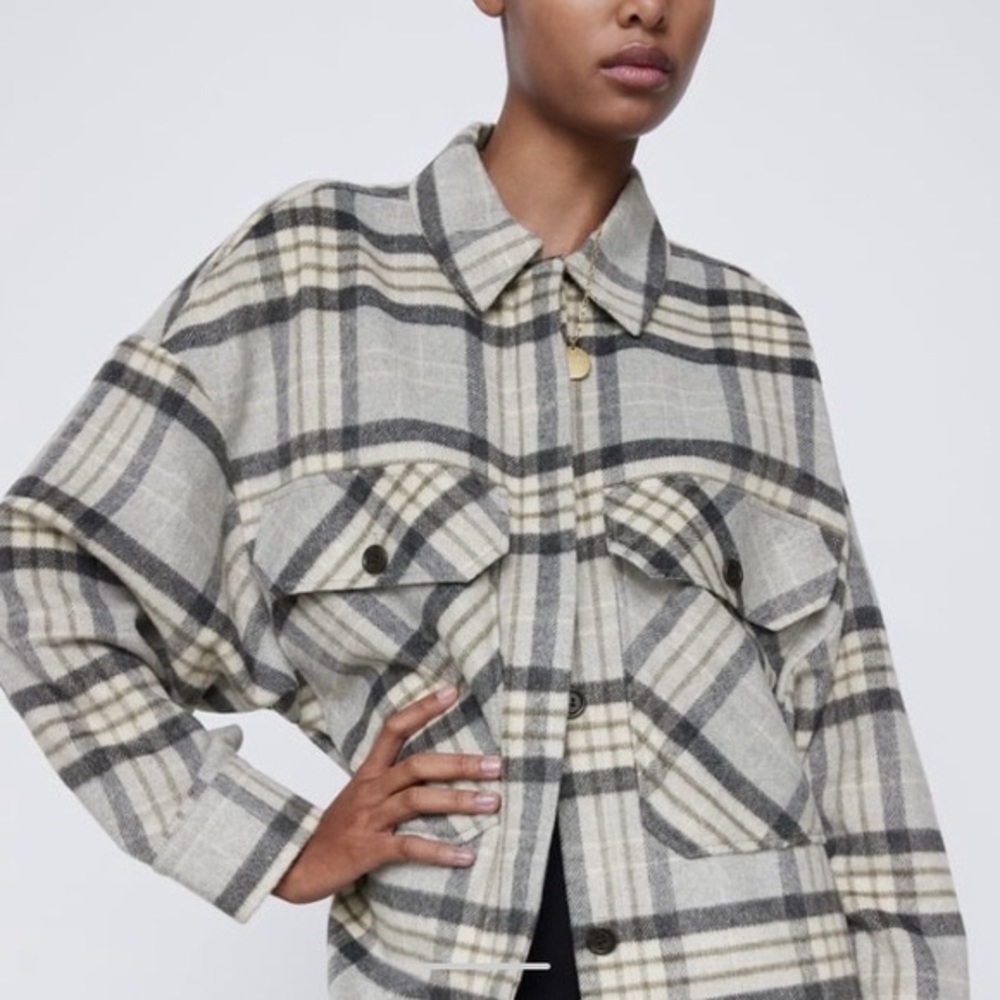 zara plaid flannel overshirt jacket in pearl grey